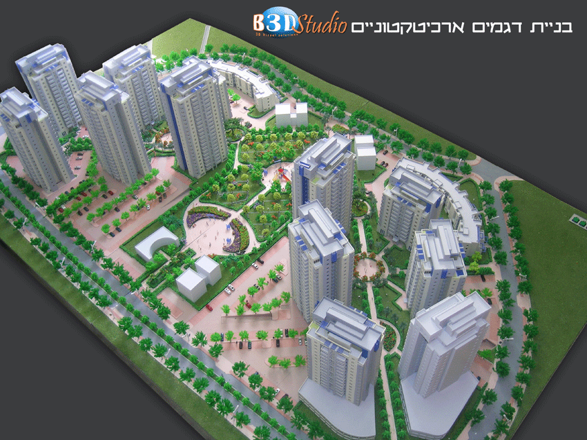 מודל שכונת מגדלי מגורים ופיתוח שטח בקנה מידה 1:250